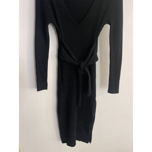 Good American 3 Large Dress Black Ribbed Sweater Midi Tie Waist V Neck Stretch - Picture 5 of 10